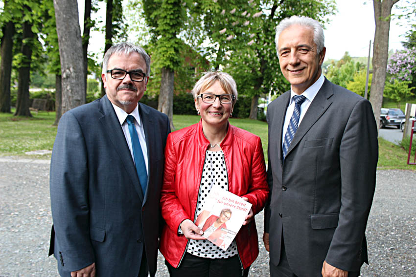 Landratskandidat Frank Vogel, Bürgermeisterkandidatin Carmen Krüger und Stanislaw Tillich in Ehrenfriedersdorf.